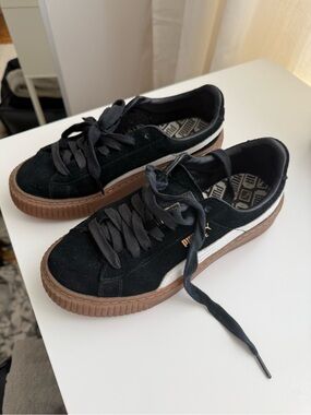 Puma Black White Suede Low-Top Sneakers with Brown Platform size7
